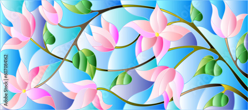 An illustration in the style of a stained glass window with pink intertwined flowers and leaves on a blue background