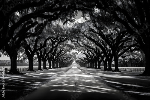 Oak trees surround the driveway at the famed Wormsloe Plantation in Savannah, Georgia, USA