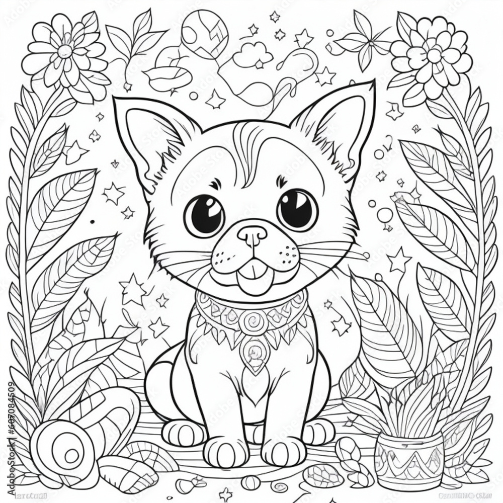 Obraz premium Imagem para colorir filhote de gatos em pé. Com plantas e ramos flores ao fundo