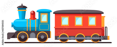 Toy train. Blue locomotive and red wagon. Vector illustration of a toy.