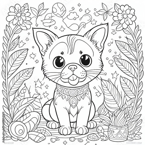 Imagem para colorir filhote de gatos em pé. Com plantas e ramos flores ao fundo