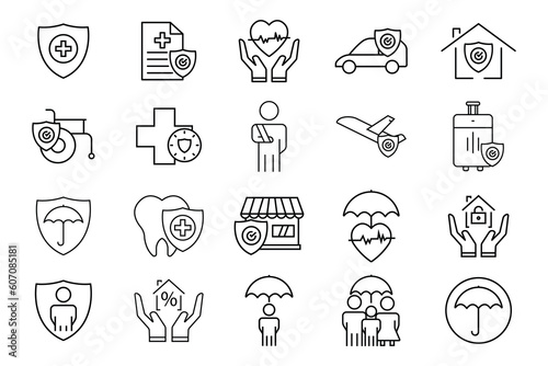 Insurance and assurance icon set. health insurance, travel, renters, life insurance. Line icon style design. Simple vector design editable