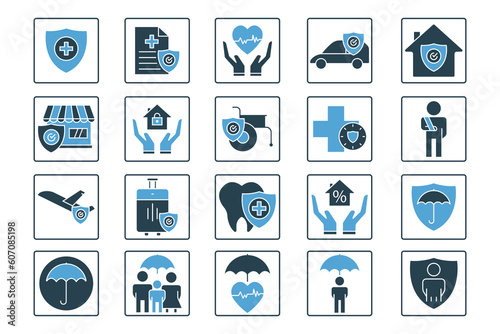 Insurance and assurance icon set. health insurance, travel, renters, life insurance. Solid icon style design. Simple vector design editable