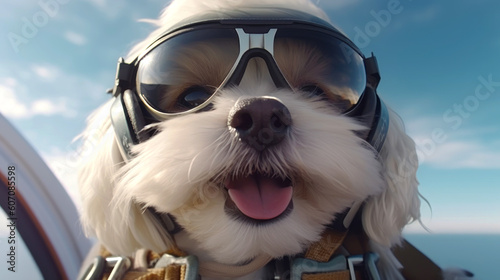 Cute little white parachutist dog in big safety glasses and overhead headphones. Preparation of uniforms for a parachute jump. Generative AI. © Нина Башарова