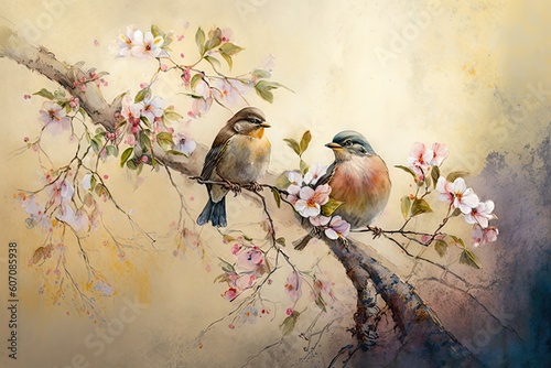 Colorful birds on stick blooming tree with flower in watercolor design artistic. Concept of painting technique isolated on white background in canvas. Glorious generative AI.