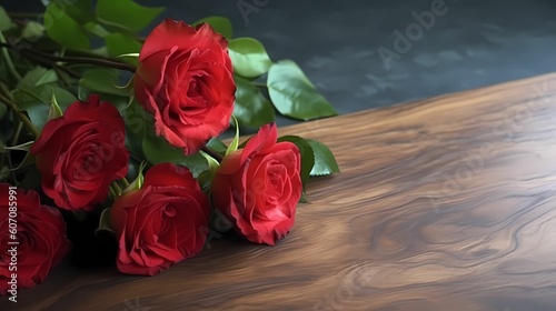 red roses bouquet on wooden table  photo