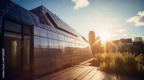 Modern house with solar panels on the rooftop with sunset on the background. Generative AI