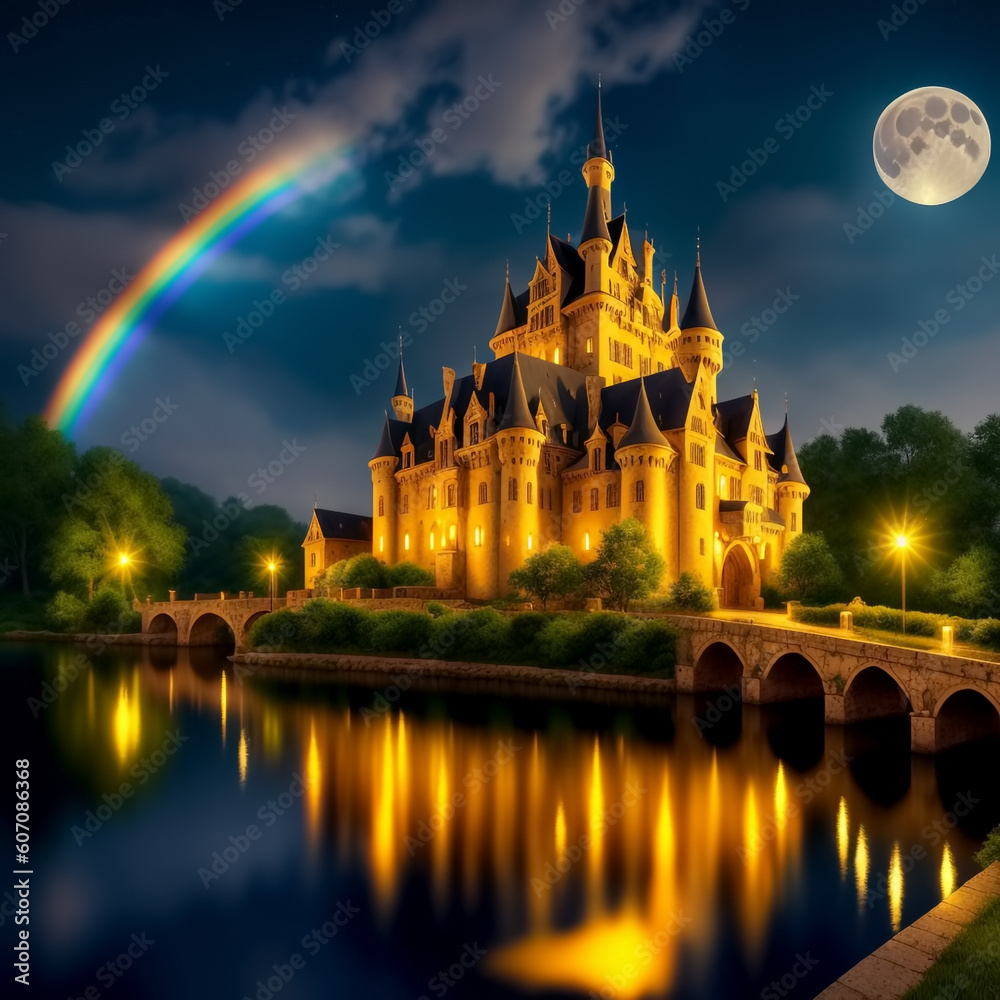 Fantasy medieval castle on river. Generative AI