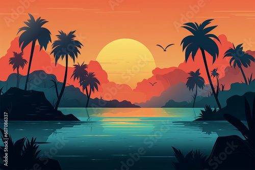 Abstract color tropical island landscape illustration.Created with generative ai