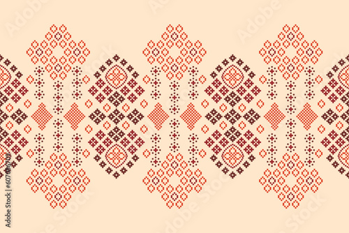Ethnic geometric fabric pattern Cross Stitch.Ikat embroidery Ethnic oriental Pixel pattern brown cream background. Abstract,vector,illustration. Texture,clothing,scarf,decoration,silk wallpaper.