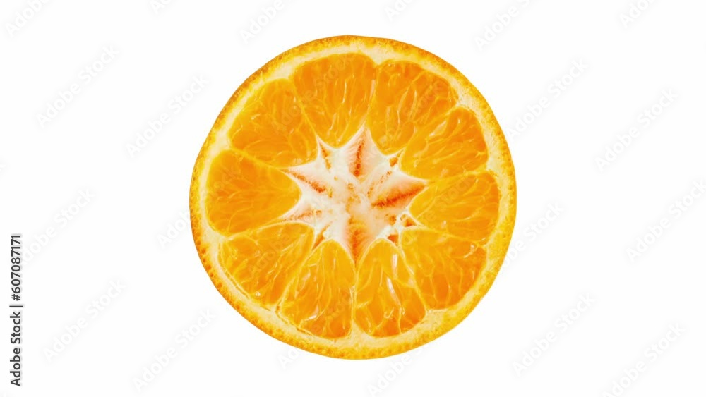 Tangerine cut in middle, rotating on white background, turning, top view
Tangerine cut in middle, rotating on white background, turning, top view