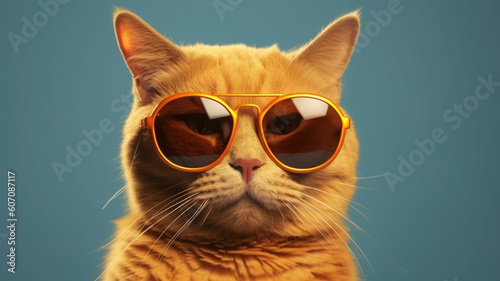 orange cat wearing sunglasses without blue background. Generate AI