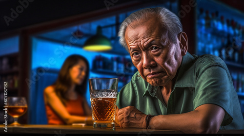 old asian man in a bar with alcoholic drinks, nightclub and night life or red light district or prostitution