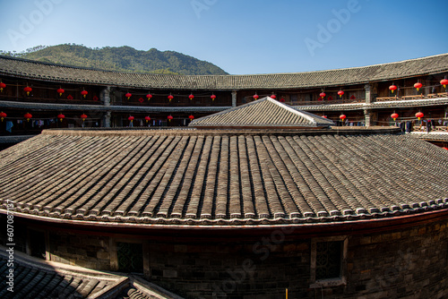 Aerial closeup view of Tulou, the unique dwellings of Hakka in Fujian, China.