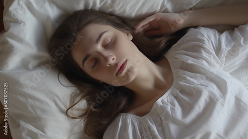 young adult woman in bed sleeping, restful sleep, top view