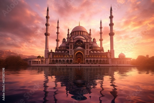 A mosque in a sunset with the sun setting behind it Generative Ai