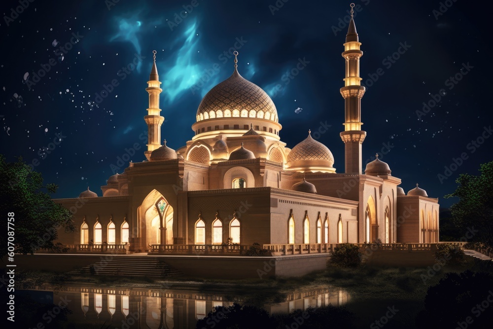 Obraz premium A mosque with a starry sky behind it Generative Ai