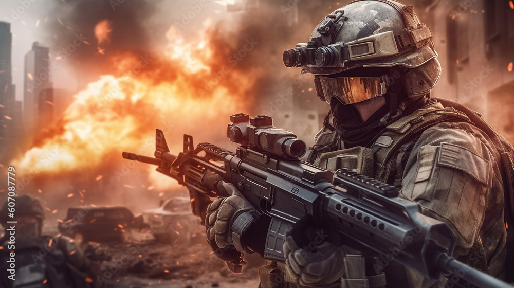 soldier in uniform deployed in war zone, on mission, machine gun and soldier's helmet, fictional location soldier in uniform deployed in war zone, on mission, machine gun and soldier's helmet, fictional location
