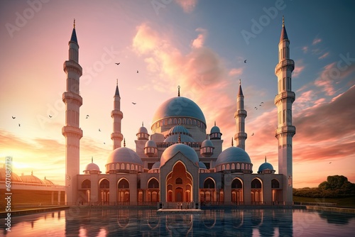 A mosque in a sunset with clouds and birds Generative Ai
