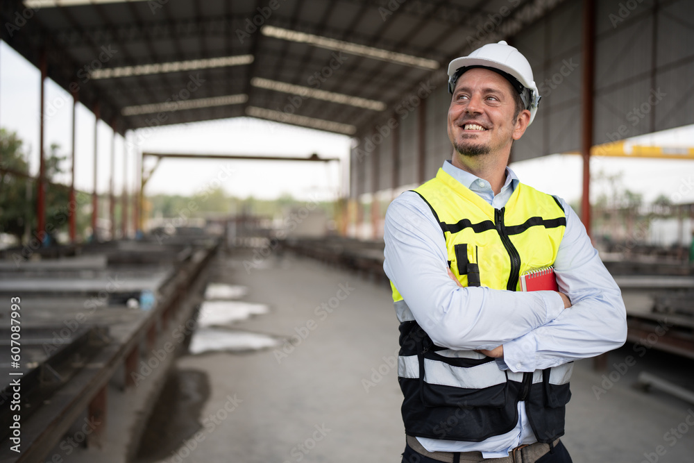 Portrait caucasian engineer man cross arm at precast site work
