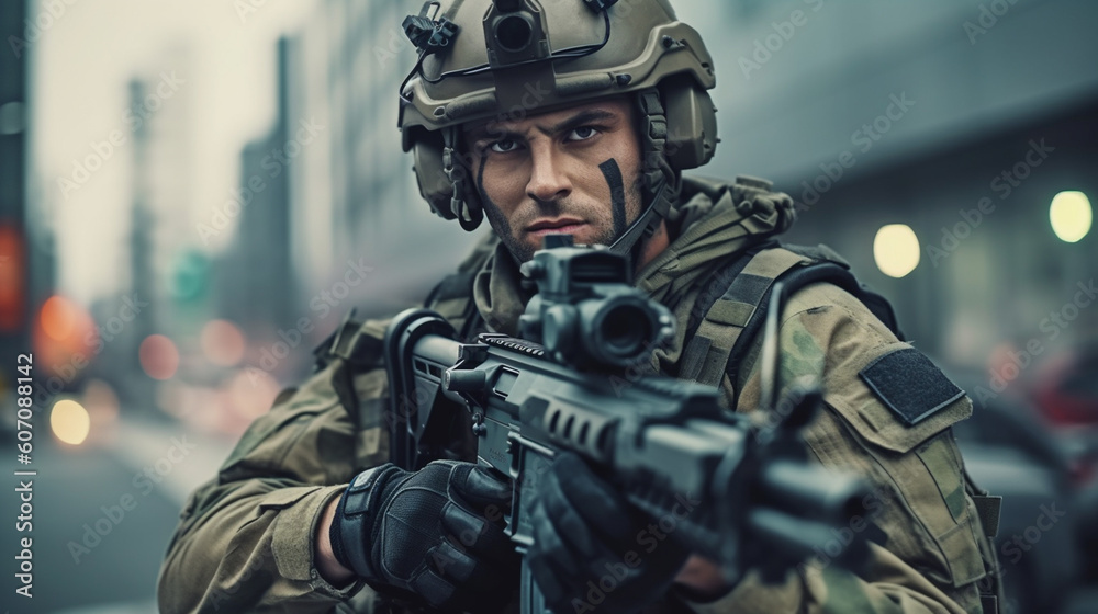soldier in uniform deployed in war zone, on mission, machine gun and soldier's helmet, fictional location soldier in uniform deployed in war zone, on mission, machine gun and soldier's helmet, fictional location