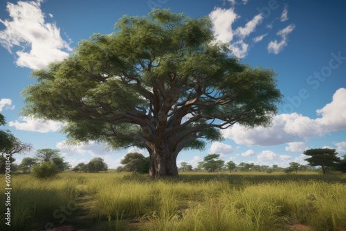 A large tree in a field with clouds in the background Generative Ai