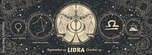Libra zodiac sign, modern astrology graphic banner on vintage black background with sun and moon. Realistic vintage vector hand drawing, horoscope card.
