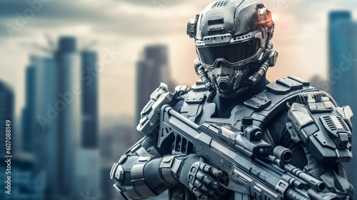 robot or cyborg, human in combat suit or combat machine, humanoid android with artificial intelligence and machine gun