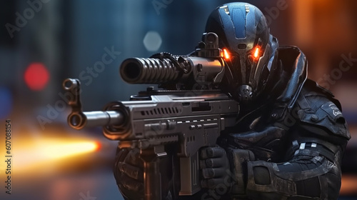 robot or cyborg, human in combat suit or combat machine, humanoid android with artificial intelligence and machine gun
