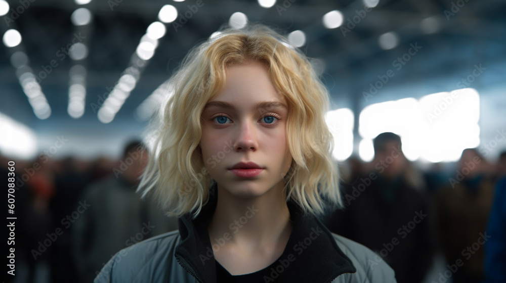 young adult woman or teenage girl works in a production hall or logistics center, training job or practical semester, working, many people in the background in the warehouse young adult woman or teenage girl works in a production hall or logistics center, training job or practical semester, working, many people in the background in the warehouse