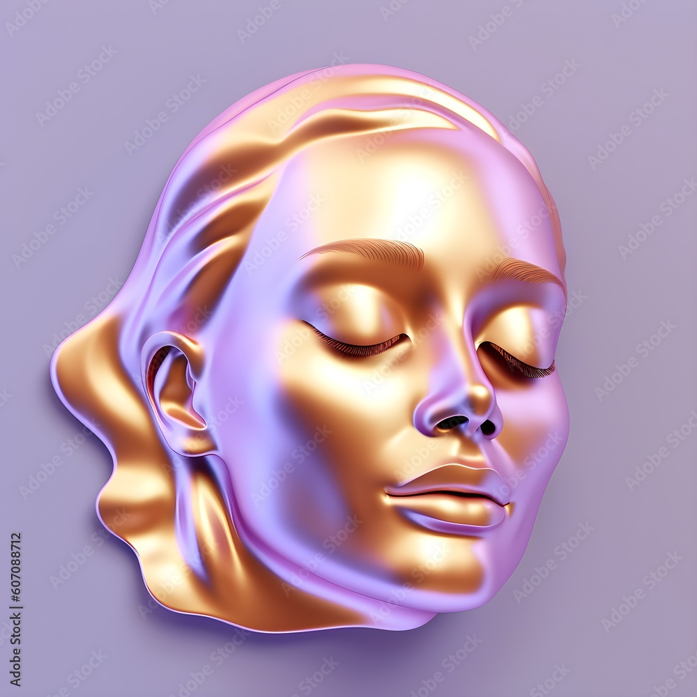Sculpture of a beautiful woman head, with a matt metallic golden surface, in violet light.