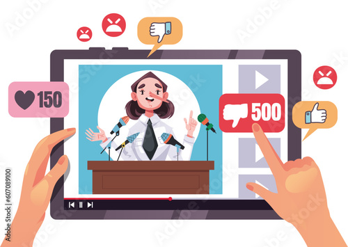 Politician tell lie by internet online stream tablet concept. Vector graphic design illustration