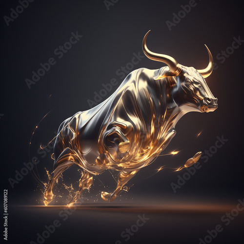 Złoty byk - hossa na giełdzie - wzrost w akcjach - Gold bull - bull market in the stock market - growth in equities - AI Generated photo