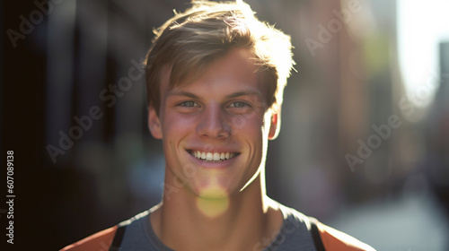 young adult male, caucasian, on a side street in a city with sunbeams, friendly satisfied smile, happy, tank top, light hair colour, blond hair