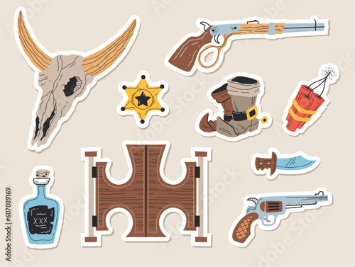 Cowboy western saloon wild west sticker isolated set. Vector graphic design illustration

