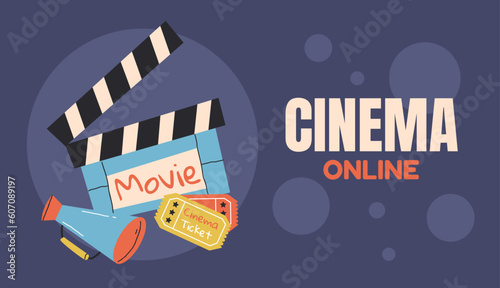 Cinema online movie film 3D promotion background poster cover concept. Vector graphic design illustration element