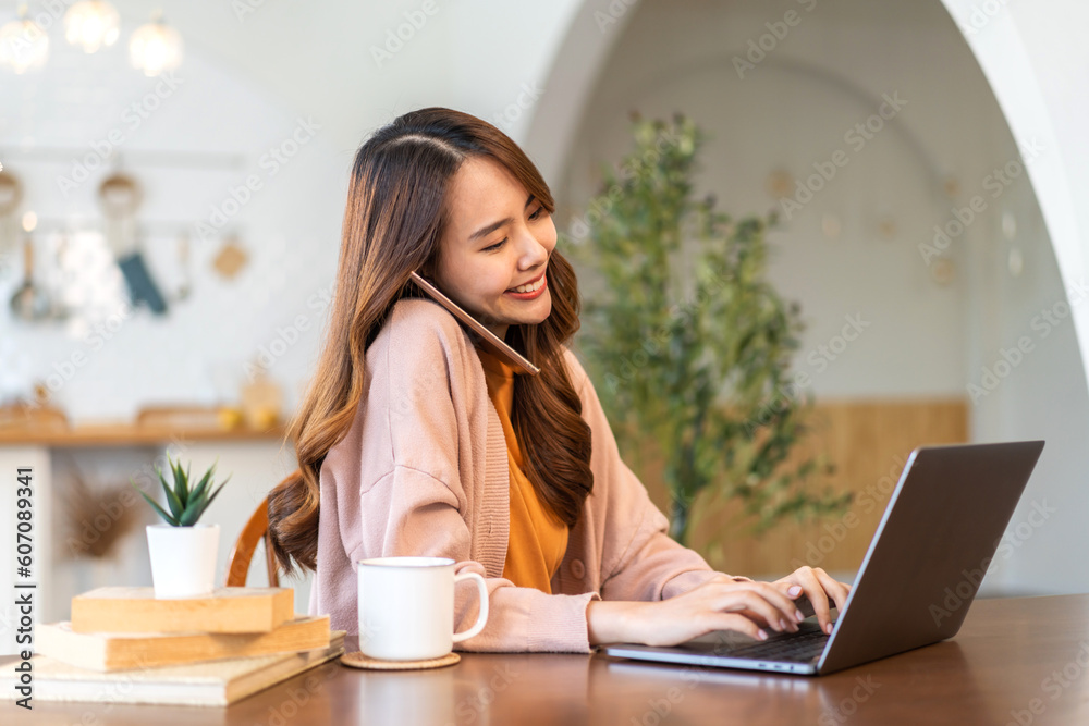 Portrait of asian woman use laptop work digital online marketing internet advertising and sales business technology concept, online marketing, E-business, Ecommerce, Business online at home Portrait of asian woman use laptop work digital online marketing internet advertising and sales business technology concept, online marketing, E-business, Ecommerce, Business online at home