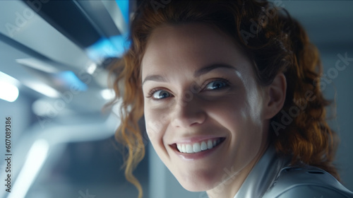 young adult woman, smiling, happy, in a modern futuristic vehicle or train or space ship, single seat, rounded oval, hyperspeed or hyperloop
