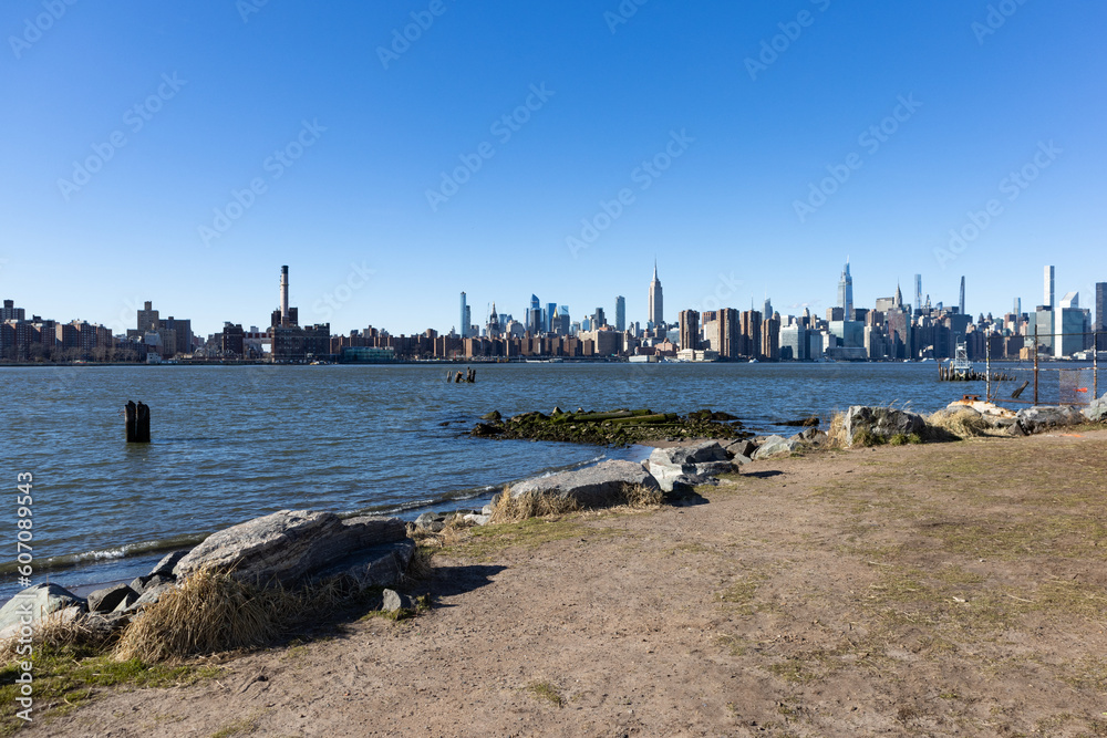 New York City Midtown Manhattan Skyline seen from Bushwick Inlet Park in Williamsburg Brooklyn