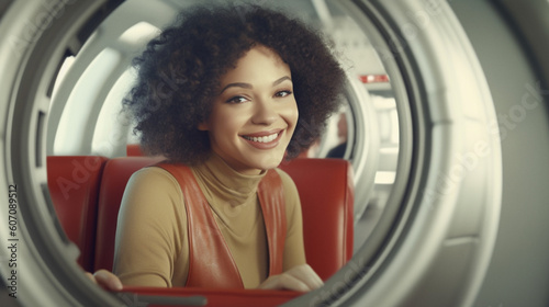 young adult woman, smiling, happy, in a modern futuristic vehicle or train or space ship, single seat, rounded oval, hyperspeed or hyperloop