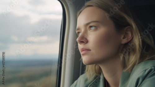 young adult woman or teenager sits in a train at the window, thoughtfully looking back engrossed in sad memories