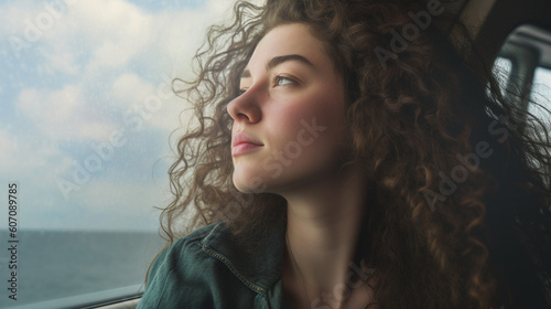 young adult woman or teenager sits in a transport ship boat at the window, thoughtfully looking back engrossed in sad memories, on the sea ocean water photo