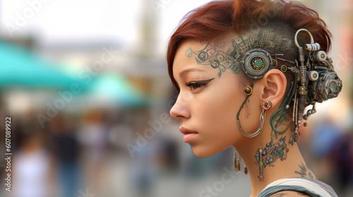 young woman half-robot or a...
