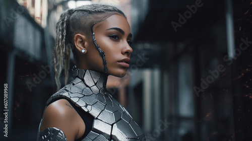 young woman half-robot or a...