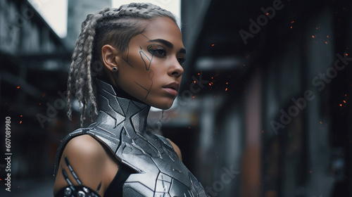 young woman half-robot or a...