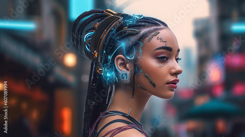 young woman half-robot or a...