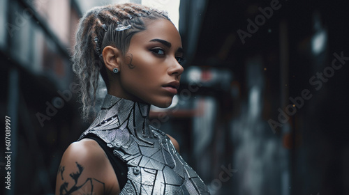 young woman half-robot or a...