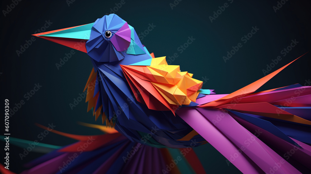 Rajski ptak origami, barwna tropikalna dżungla - ochrona środowiska - Colorful origami 3d bird of paradise - art, wildlife - AI Generated - obrazy, fototapety, plakaty 