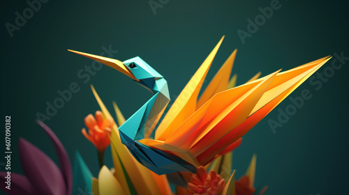 Kolorowy tropikalny rajski ptak z papieru - sztuka orgiami - Colorful tropical bird of paradise made of paper - orgiami art - AI Generated