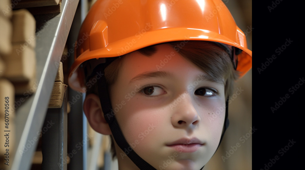 a boy child teen in warehouse logistics center or production center in high-bay warehouse, storage on pallets on shelves a boy child teen in warehouse logistics center or production center in high-bay warehouse, storage on pallets on shelves